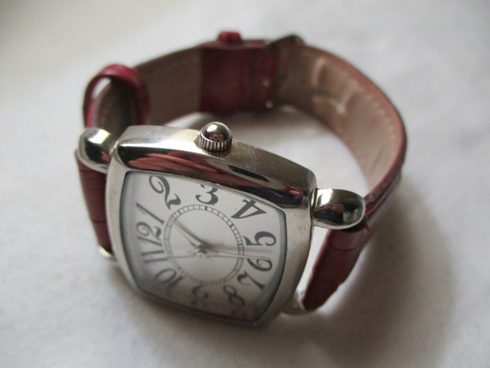 Wristwatch Rectangular Silver Tone Red Buckle Ban… - image 8