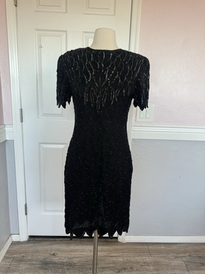 Mini Vestido Vaina De Colección Laurence Kazar Seda Lentejuelas/Dobladillo Cuentas Negro Para Mujer Talla S Foto 2 de 4