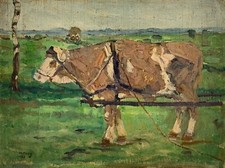 Oil Painting Impressionist 1913 Landscape with Cow and Birch by Alfred Haag