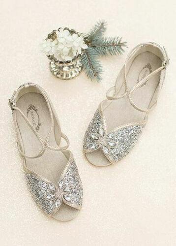 Joyfolie Girls Aubree Holiday Shoes Silver Ankle Strap Jewel Peep Toe Sandals 4Y - Picture 1 of 2