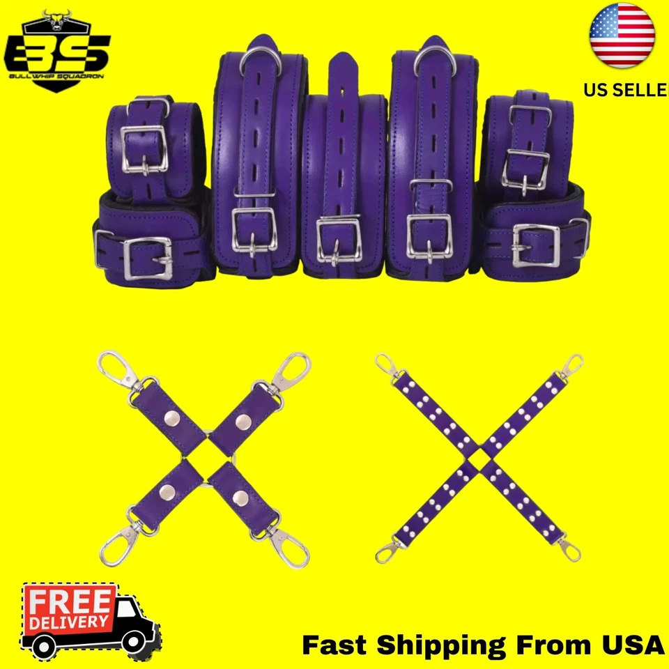 Juego de puños y cuello de cuero de vaca con sujeción de 7 piezas - muñeca, tobillo y muslo Foto 2 de 4