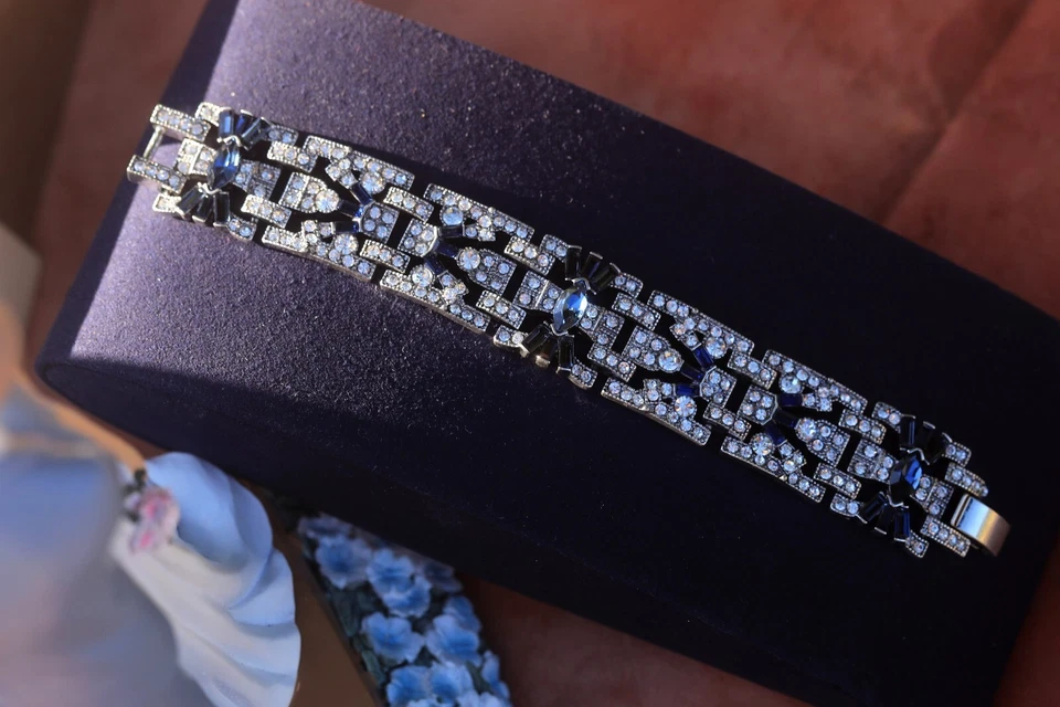 Armband Silber Kunst Deko Strass Blau Ehe Vintage Stil Great Gatsby - Bild 3 von 4