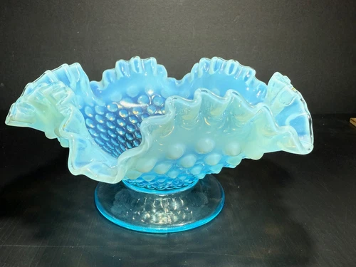 Vintage Fenton Blue Opalescent Hobnail 8" Wide Candy Dish loc 4770