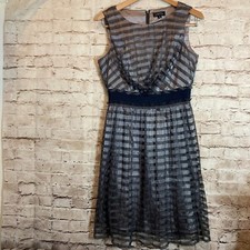 Tahari Dress Womens 8 A Line Silver & Black Mesh & Satin Striped Whimsy Goth Zip