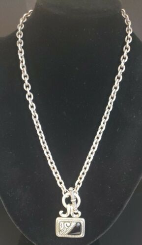 NECKLACE Signed PD Crown Chunky Chain Rectangle Black Onx Stone Pendant - Picture 1 of 4