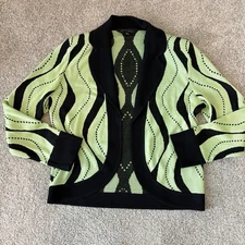 Ming Wang Cardigan Womens S Green Black Artsy Funky Knit Jacket Old Money