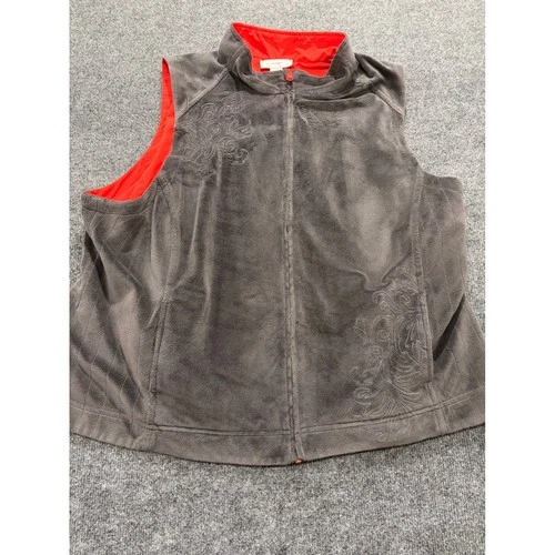 cj banks Reversible Fleece Vest Grey Red Floral Embroidered Full Zip 2X - product listing photo