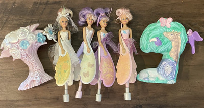 LOT OF 4 Vintage FLYING SKY FAIRIES + 2 LAUNCHERS SPINNING DANCERS 8'' DOLLS 90s