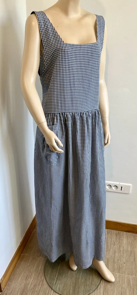 robe T38/40 longue ample vichy bleu blanc sans manche carreaux poches 723/ - Photo 2/4