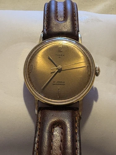 TIMEX 21 Marlin Men’s Goldtone Watch Radiant Gold Dial Mechanical Movement - Picture 2 of 14