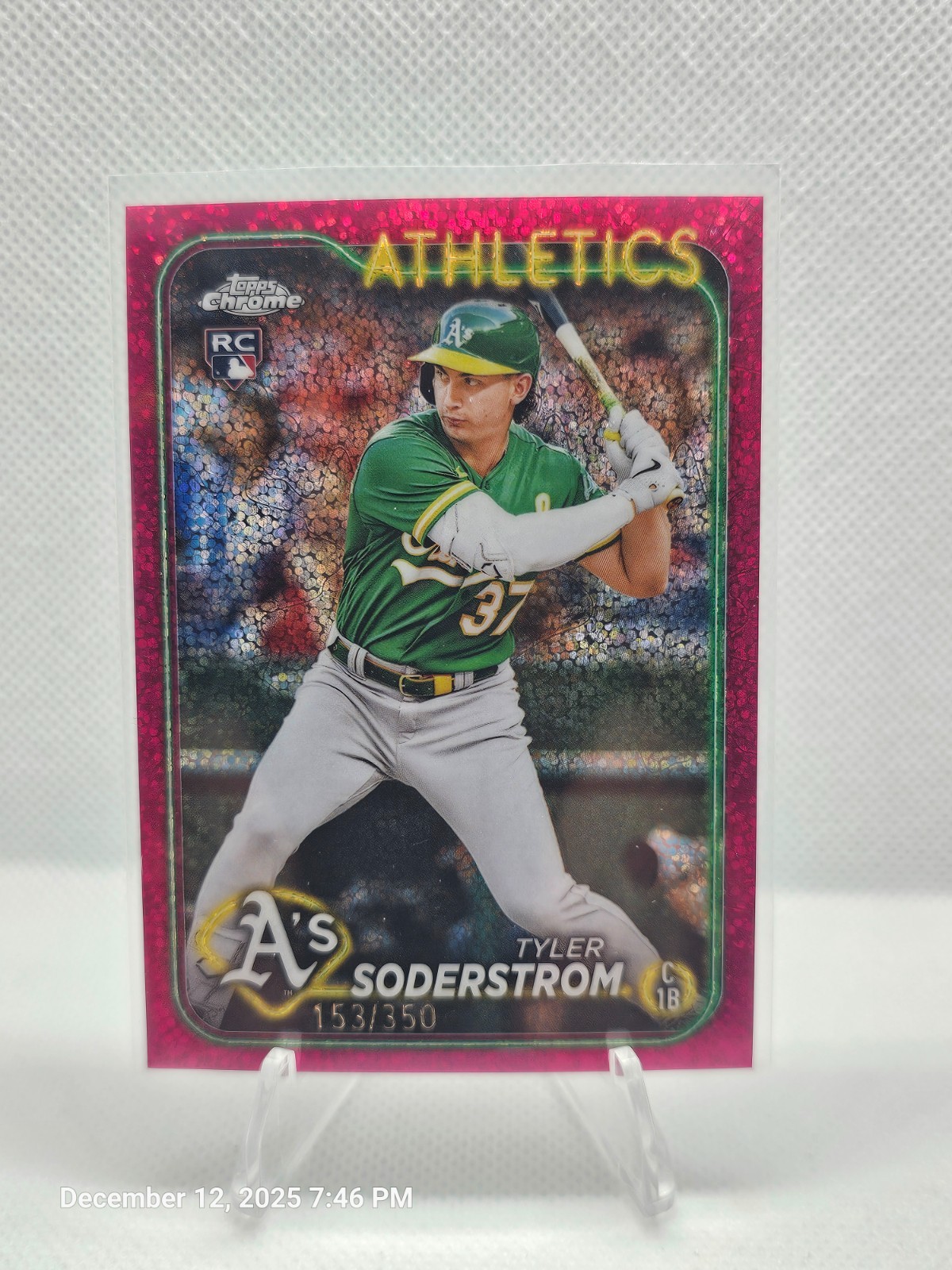 2024 Topps Chrome # 298 Tyler Soderstrom Magenta Sparkle RC /350. Athletics.