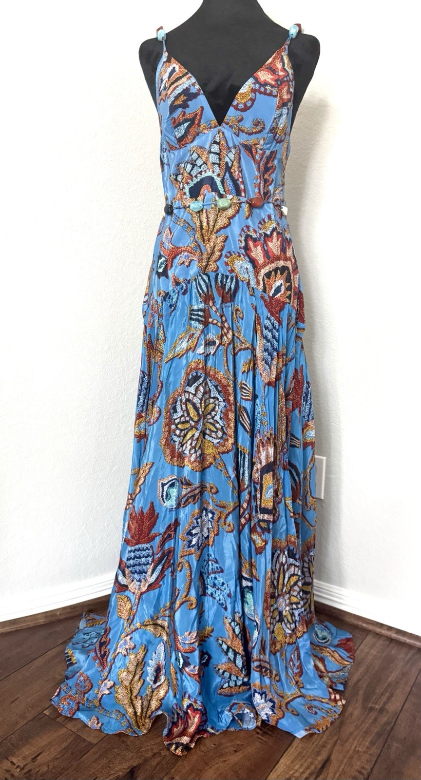 NWT Farm Rio Tapestry Blue Print Beaded Belt Maxi Dress, Size M, MSRP $330