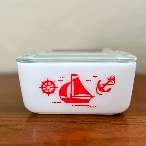 Vintage McKee Glass Refrigerator Ware with Lid - "Ships Red" Nautical Pattern