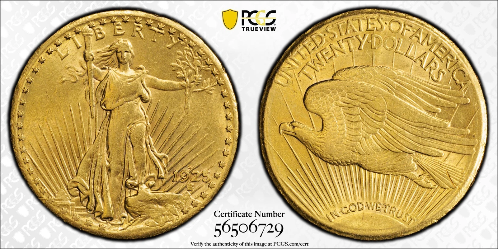 1925-S $20 GOLD SAINT GAUDENS DOUBLE EAGLE PCGS AU53