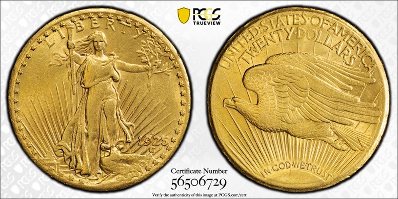 1925-S $20 GOLD SAINT GAUDENS DOUBLE EAGLE PCGS AU53