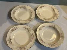 4 c1945 Homer Laughlin wide flat rimmed soup bowls, Marigold floral, 8 5/8 inch