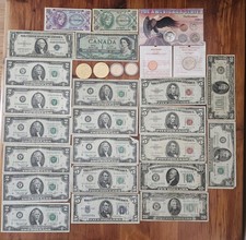US Currency Lot $150+ Value $2 Bills Red Seal $5s Canada $1 Vintage Money