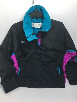 Columbia Jacket Size L Nylon Black Teal Purple Radial Sleeve Vtg Womens Bugaboo