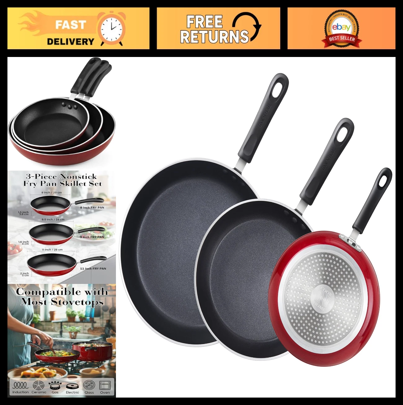 Nonstick Frying Pans Set 3 Piece - 8", 9.5", 11" Skillets, Induction Compatible,