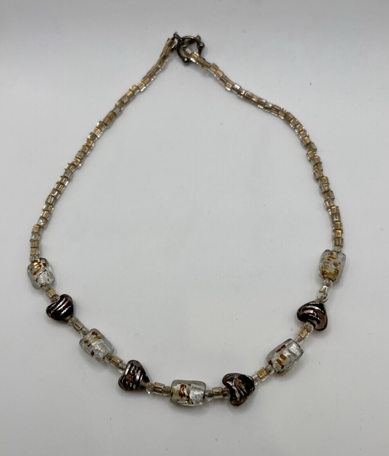 Art Glass Bead Necklace Murano Style 19” clear/beige