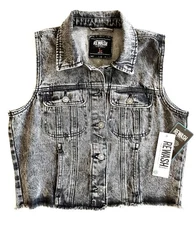 NWT REWASH Black Denim Soft Cropped Jacket Vest, 4 Pockets, Fringe Hem, L-B38"