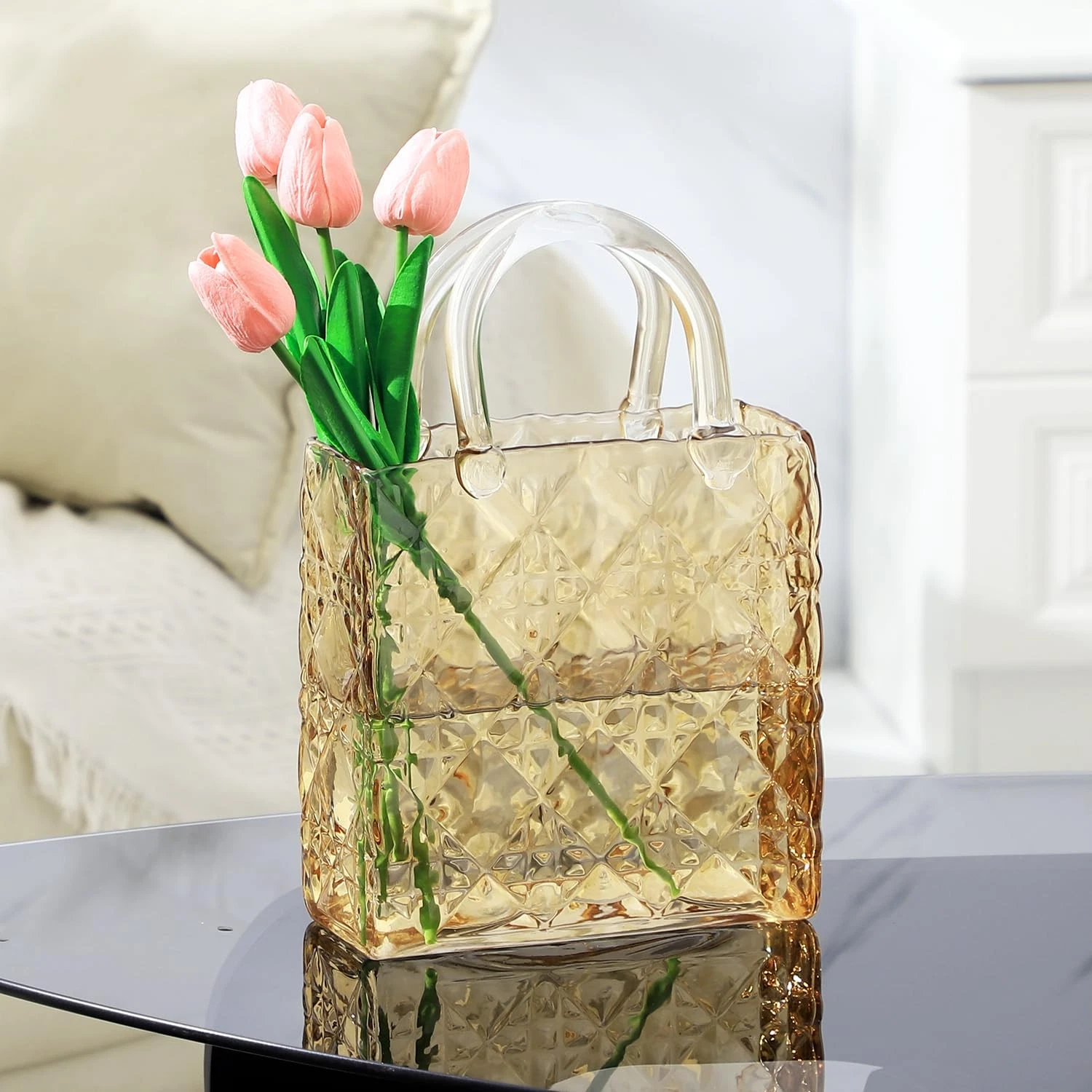 Glass Purse Vase, Glass Bag Vase, Amber Vases for Flowers, 12 Inch Large Flow...