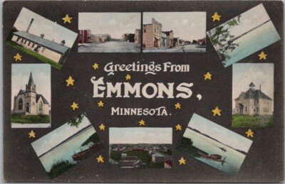 Vintage 1911 EMMONS Minnesota Multi-View Postcard Main Street / Church / School