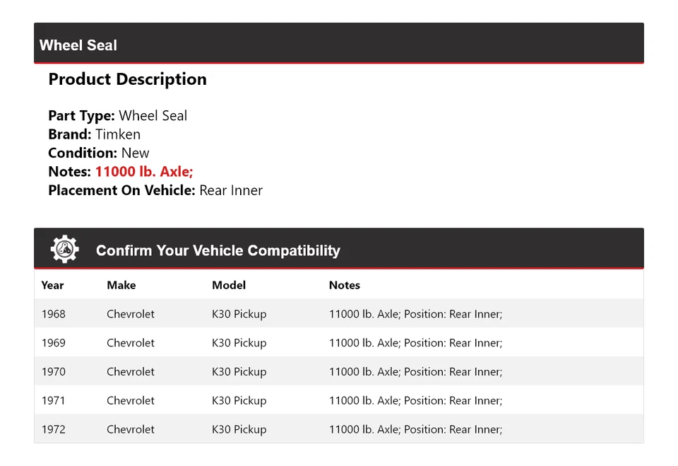 Sello de rueda interior trasero Timken 1969 1970 1971 para camioneta Chevrolet K30 1968-1972 Foto 2 de 4