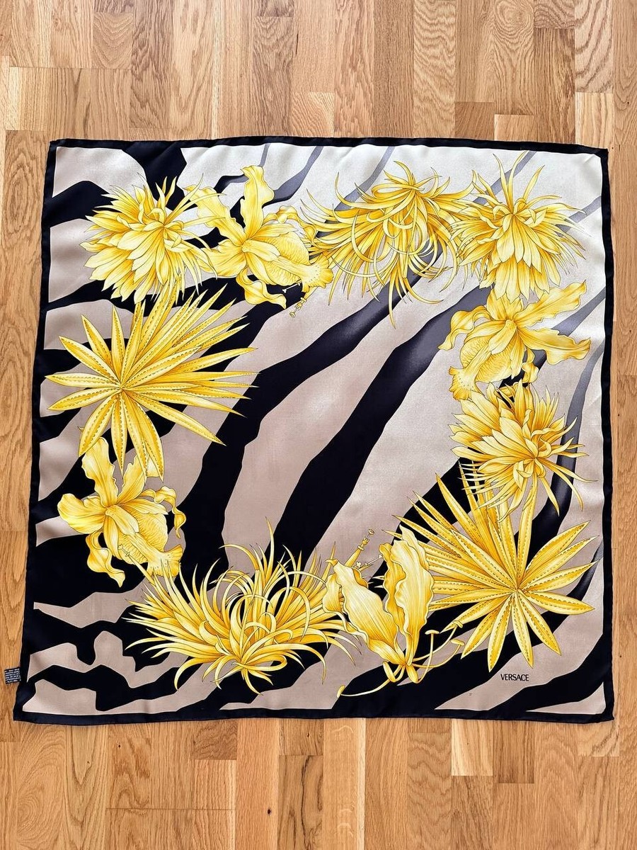 Versace Black Gold Flora Print 100% Silk Scarf Size 90cm | eBay