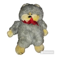 Gray Tan Shaggy Teddy Bear Stuffed Animal Plush Red Bow 14" Vintage