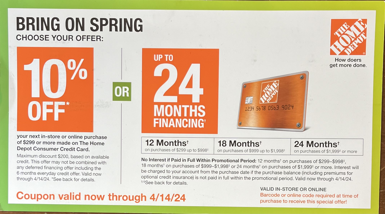 HOME DEPOT Coupon 10 Off Online / In Store OR 24 Months Financing, Exp 04/14/24 eBay