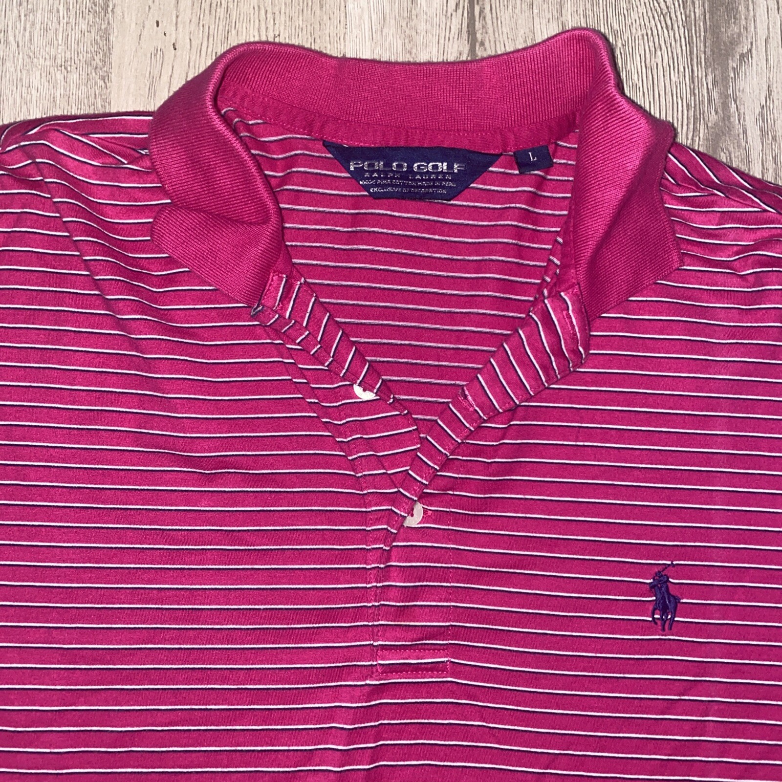 Ralph Lauren POLO GOLF Shirt Large Pink Striped Pima Cotton Knit Pony