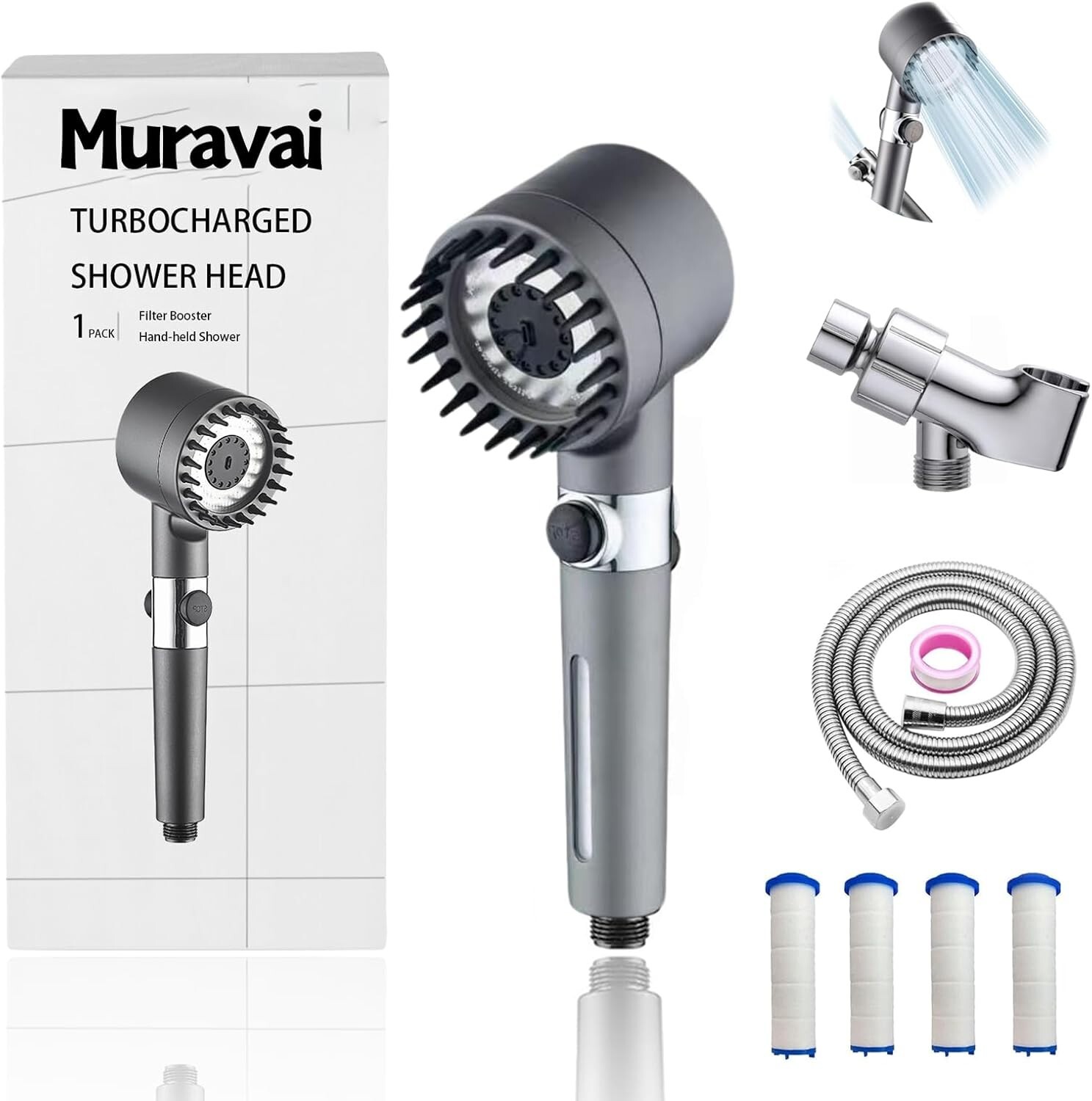 Muravai Shower Head, High Pressure Handheld with 4PCS Water Filter, One-Touch Pa
