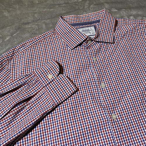 Charles Tyrwhitt Herren Hemd 18/36 Slim Fit Bügelfrei Rot Blau Kariert Knopfleiste