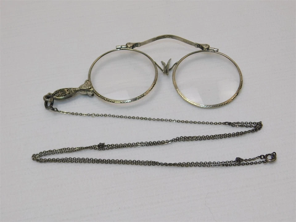 Antique 1917 14k WGF on Sterling Silver Chain Art Deco Lorgnette Glasses - Image 2 of 4