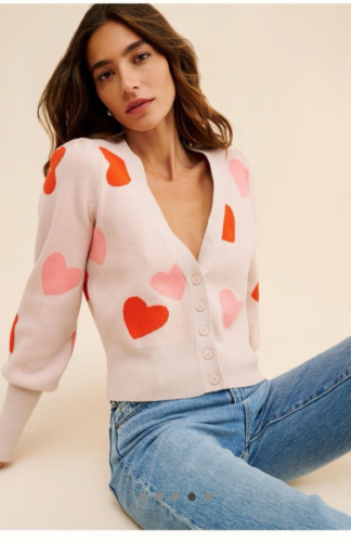 Maeve Anthropologie Lily Heart Print Button Down Cardigan Sweater Pink Size L - Picture 2 of 9