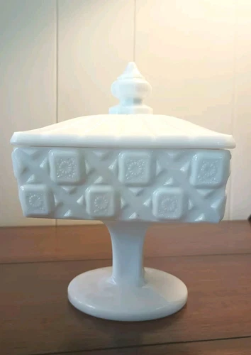 Vintage Westmoreland Old Quilt Milk Glass Square Pedestal Lidded Candy Dish MCM