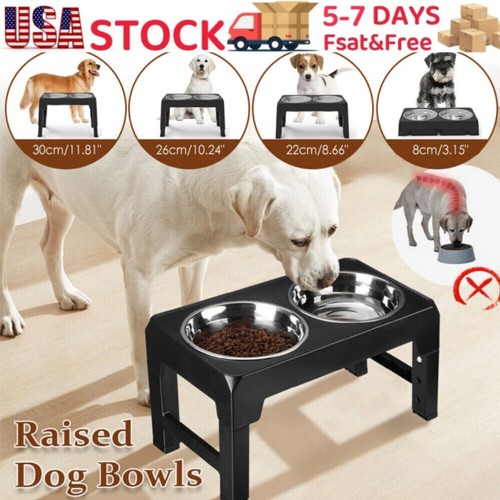 Elevated Dog Bowl Pet Feeder Stainless Steel Raised Food Water Stand + 2 Bowls