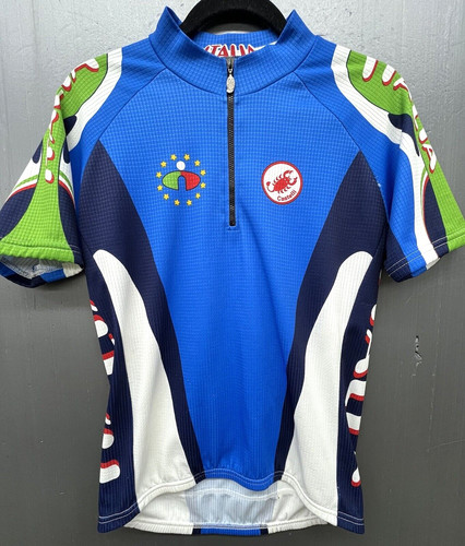 Castelli Cycling Jersey Men M Italia Blue White Logo 1/4 Zip Pocket Biking Shirt