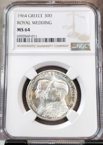 1964 GREECE SILVER 30 DRACHMAI ROYAL WEDDING NGC MS 64 BEAUTIFUL BU COIN