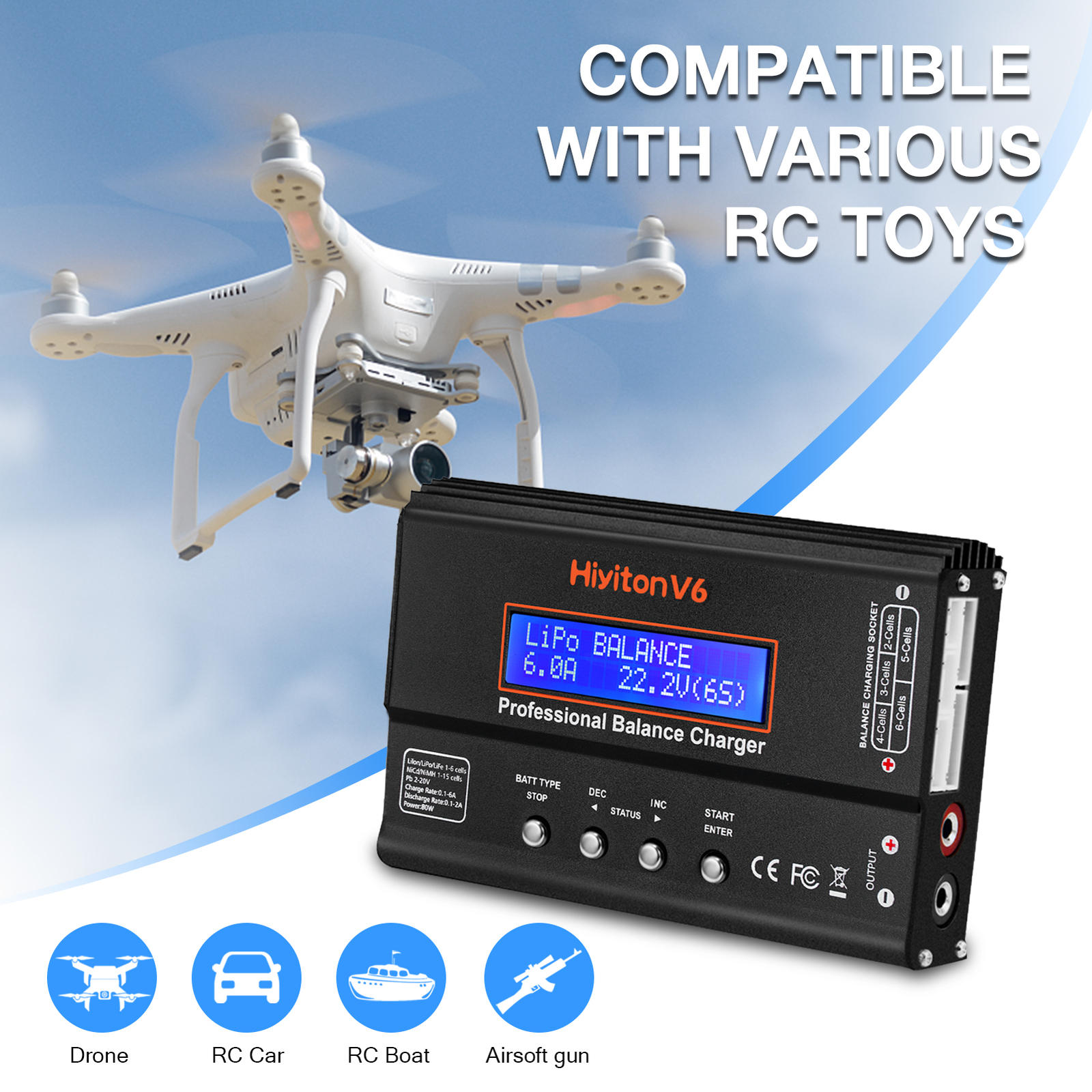 V6 Battery Charger,Balance Charger Discharger 1S-6S Digital Battery Pack Charger