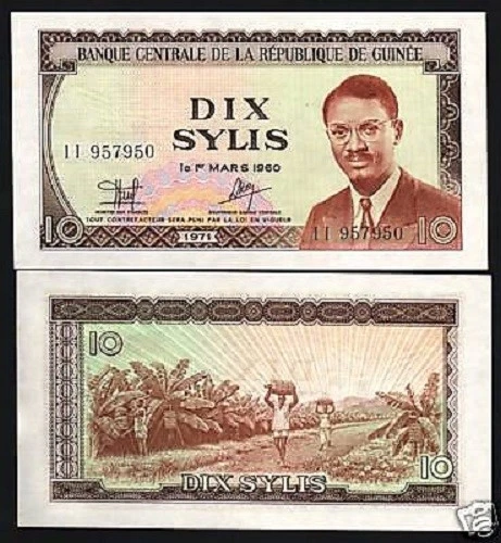 GUINEA 10 SYLIS P-16 1971 X 100 Pcs Lot BUNDLE LOT LUMUMBA BANANA AUNC BANK NOTE - Image 2 of 2