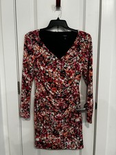 GUESS Wrap Dress Red/Black/White/Orange Floral V-Neck Long Sleeve Short 12
