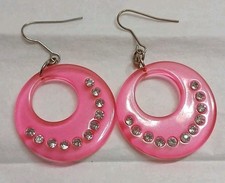 VINTAGE Pink acrylic hoop earrings with rhinestones Rare Find