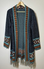 Southwest Western Boho Colorful Blue Fringed Open Cardigan Sweater Medium EUC.