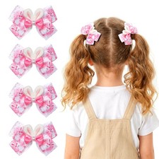 4 PCS Easter Hair Bows 4.7 Inch Pink Clips Bunny Ears Toddlers Kids Spring