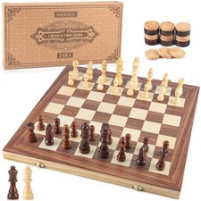 AMEROUS 15'' Wooden Chess  Checkers Set, 2 in 1 Board Games -2 Extra Brown