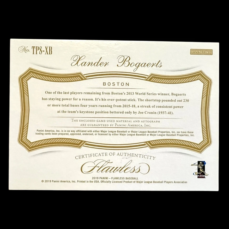 2019 Panini Flawless Xander Bogaerts Signatures Triple Patch Auto Preto 1/1 - Imagem 4 de 4