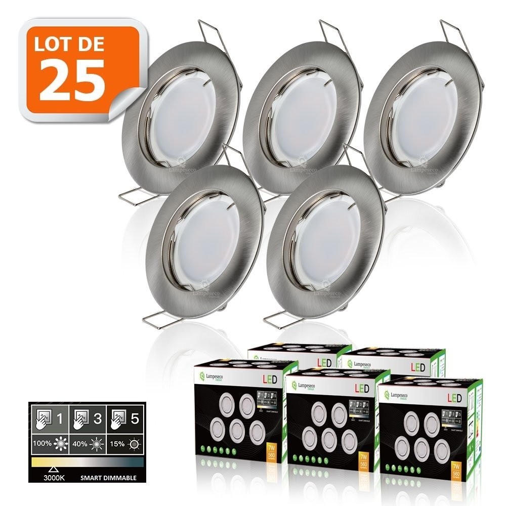 Lot de 25 spots LED 7W blanc chaud en aluminium brossé au design contemporain