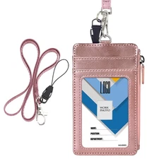 Double Sided Leather ID Badge Card Holder Wallet Case with Neck Lanyard